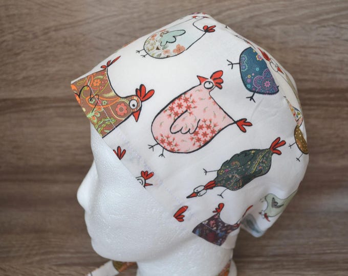 Surgical cap chicken with terry cloth band, scrub cap, bandana, scrub hat, chef's cap, cosmetic cap, surgical cap, white with chickens, handmade