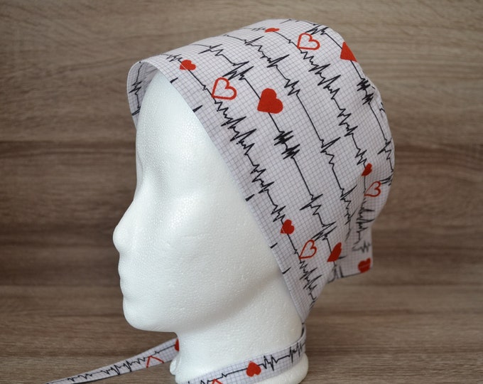 Surgical cap EKG, scrub cap, bandana, cosmetic cap, chef's hat, peeling cap, surgical caps, white with heartbeat, handmade