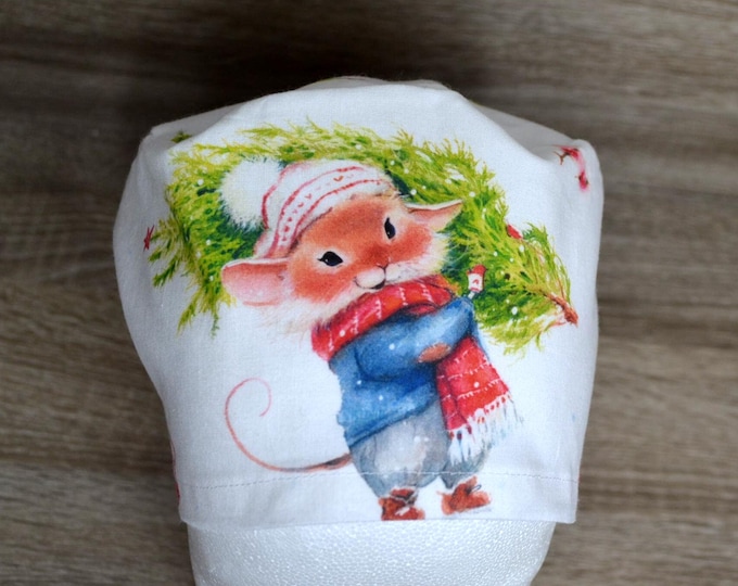 Christmas surgical caps, bandana, scrub cap, cosmetic cap, white with cute mouse, Christmas motifs, Christmas tree surgical cap, Christmas cap