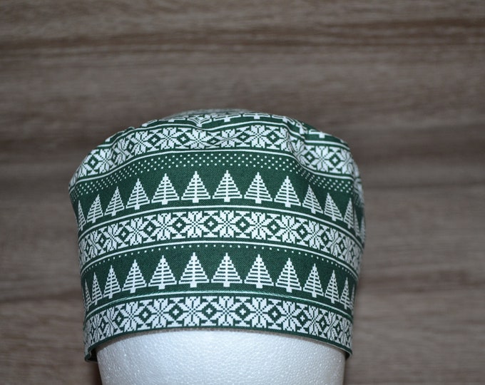 Surgical cap Christmas tree terry cloth band, scrub cap, cosmetic cap, chef's cap, bandana, peeling cap, surgical caps, green with fir trees, handmade
