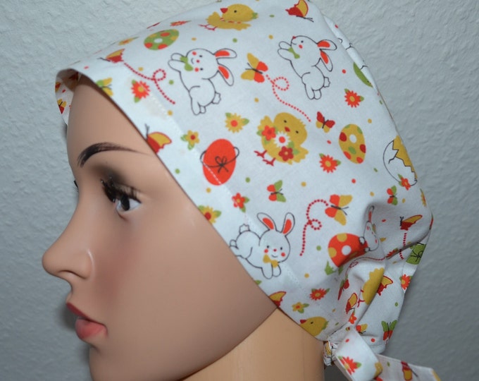 Easter surgical cap, scrub cap, cosmetic cap, chef's cap, bandana, peeling cap, beige with Easter motifs, Easter bunny surgical cap, Easter eggs, chicks