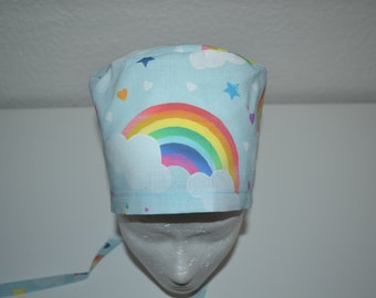 OP-Haube Regenbogen , Scrub Cap, Bandana, Kosmetikhaube, Kochmütze, Peelinghaube, OP-Hauben, blau mit Regenbogen , handmade