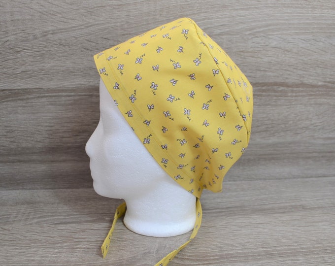 Surgical cap butterfly with terry cloth band, scrub cap, cosmetic cap, cooking cap, bandana, peeling cap, yellow with butterflies, handmade
