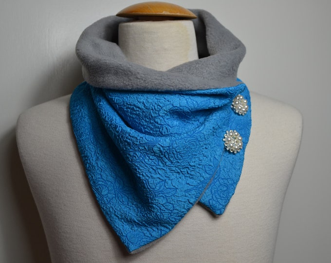 Button loop rose embossing, button loops, loops, scarf, scarf with buttons, rose pattern turquoise and blue fleece, button loop checks, loop, handmade