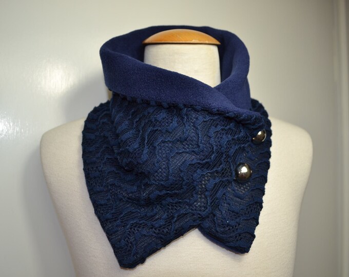 Button loop lace, button loops, loops, scarf, lace fabric dark blue and blue fleece, lace loop, wrap scarf, wrap loop, handmade