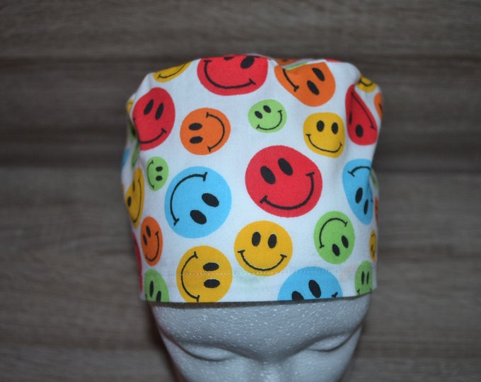 Surgical cap smiley with terry cloth band, scrub cap, bandana, chef's cap, cosmetic cap, peeling cap, white with colorful :-) , surgical caps, handmade