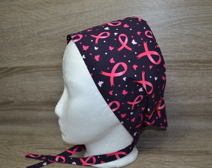 Surgical cap breast cancer loop, scrub cap, bandana, cosmetic cap, chef's hat, peeling cap, surgical caps, aubergine with pink ribbon, handmade