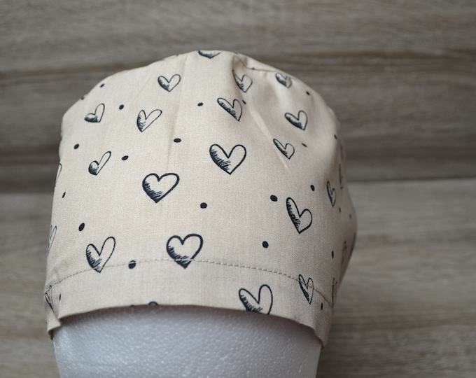 Surgical cap heart with terry cloth band, scrub cap, bandana, peeling cap, chef's cap, cosmetic cap, surgical caps, beige with hearts, handmade