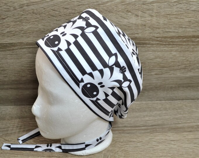 Surgical cap zebra terry cloth band, scrub cap, cosmetic cap, chef's cap, bandana, peeling cap, surgical caps, white with zebras, handmade