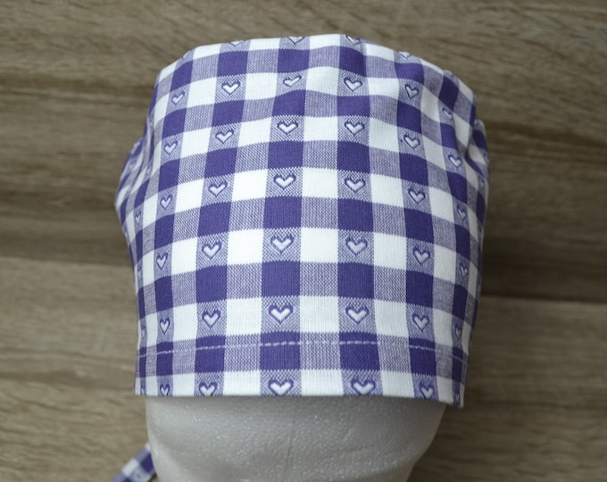 Surgical cap checked, scrub cap, bandana, peeling cap, cosmetic cap, chef's hat, surgical caps, white purple checked Vichy, handmade