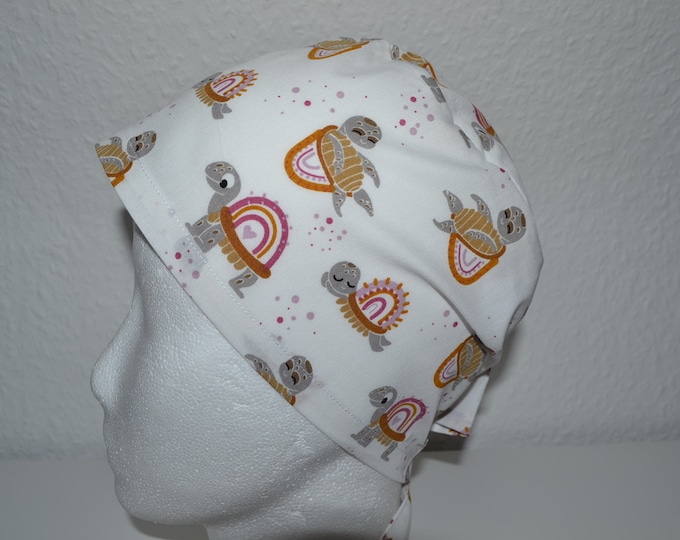 Surgical cap turtle terry cloth band, scrub cap, chef's cap, bandana, peeling cap, cosmetic cap, surgical caps, white with turtles, handmade