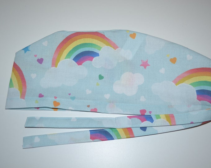 Surgical cap rainbow with terry cloth band, scrub cap, bandana, cosmetic cap, cooking cap, cap with sweatband, blue with rainbow, handmade