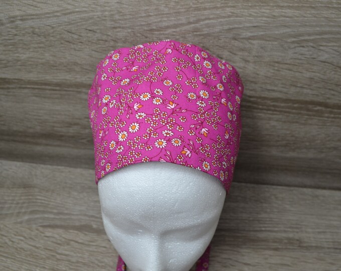 Surgical cap flower, scrub cap, bandana, peeling cap, cosmetic cap, chef's hat, surgical caps, pink with flowers, handmade