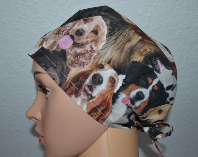 Surgical cap dog with terry cloth band, scrub cap, bandana, peeling hat, cooking cap, cosmetic cap, surgical caps, brown with dogs, handmade