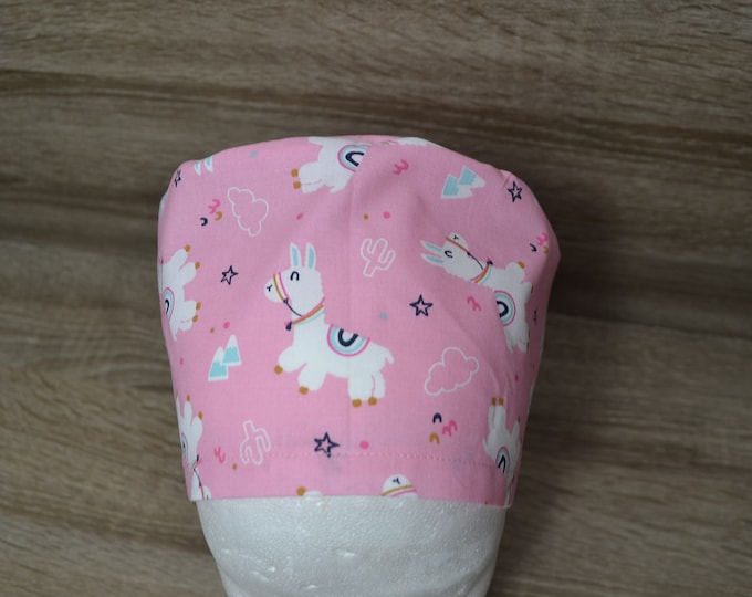 Surgical hood with terry cloth strap, scrub cap, bandana, cosmetic hood, cooking hood, peeling hood, pink with white llamas, handmade