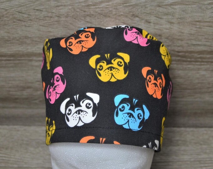 XL surgical cap for long hair dogs, XL scrub cap, bandana, cosmetic cap, cooking cap, peeling cap, black with colorful dogs, handmade