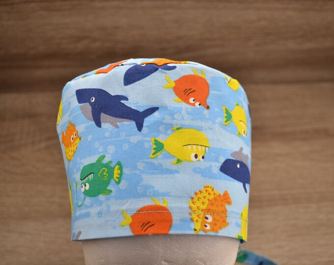 Surgical cap fish with terry cloth band, scrub cap, bandana, cosmetic cap, chef's cap, peeling cap, blue with colorful fish, handmade