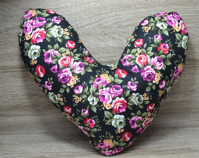 Heart pillow, breast heart pillow, mastectomy pillow, forearm pillow, breast surgery pillow, black with purple roses, handmade