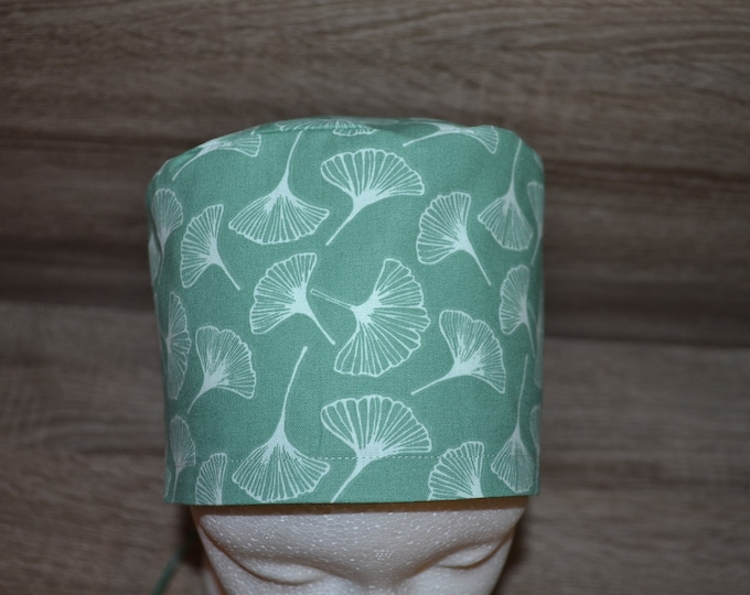 Surgical cap ginko terry cloth band, scrub cap, cosmetic cap, chef's cap, bandana, peeling cap, surgical caps, green with ginko leaf, handmade