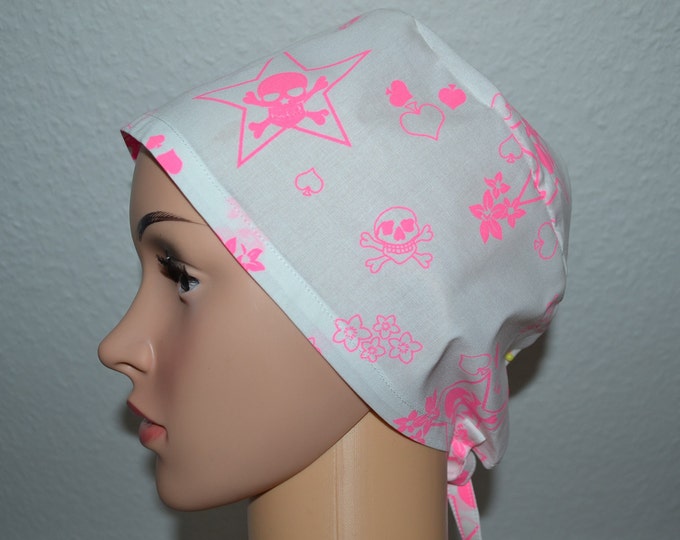 Surgical cap skull terry cloth band, scrub cap, cosmetic cap, bandana, peeling cap, cooking cap, skull, white with neon-colored skull,