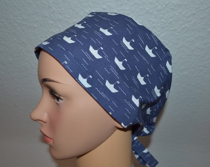 Surgical cap ship terry cloth band, scrub cap, cosmetic cap, chef's cap, bandana, peeling cap, surgical caps, blue with boats maitim, handmade