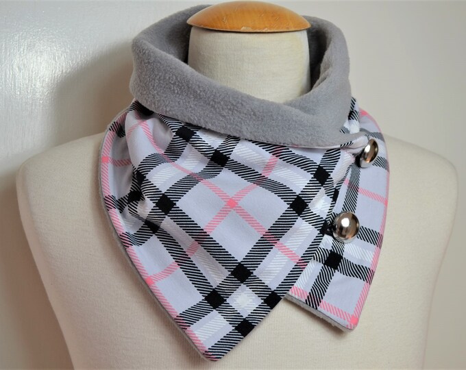 Button loop checked, button loops, loops, scarf, scarf with buttons, cotton jersey gray fleece, button loop checks, loop, handmade