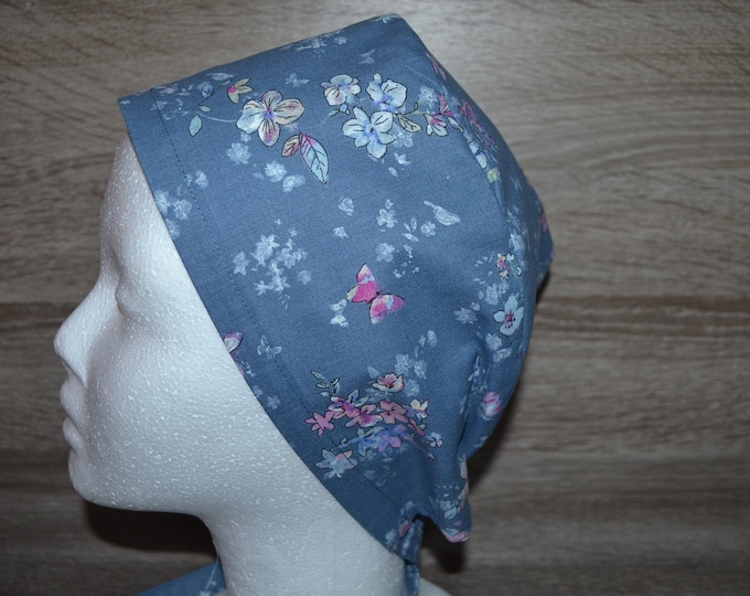 Surgical cap flower terry cloth band, scrub cap, bandana, peeling cap, chef's hat, cosmetic cap, surgical caps, blue with flowers, handmade