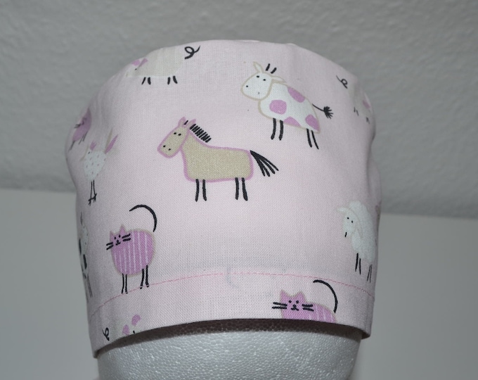 Surgical cap farm terry cloth band, scrub cap, chef's cap, bandana, peeling cap, cosmetic cap, surgical caps, pink with cat cow horse, handmade