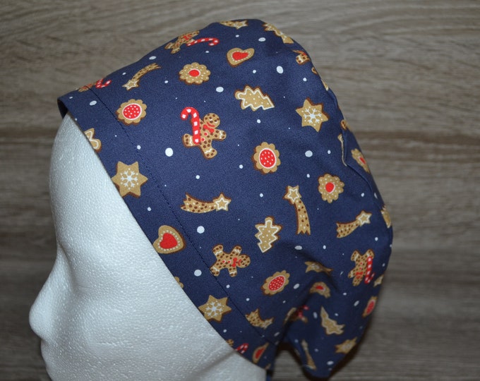 Gingerbread surgical cap, scrub cap, bandana, cosmetic cap, peeling cap, chef's hat, blue with gingerbread, Christmas surgical caps, handmade