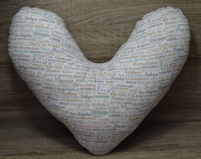 Heart pillow, chest heart pillow, mastectomy pillow, forearm pillow, breast surgery pillow, white with city names, handmade