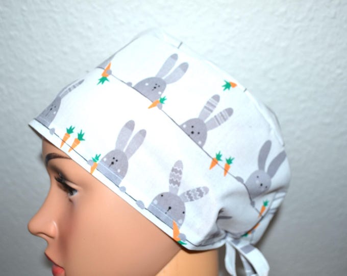 Surgical cap rabbit with terry cloth band, scrub cap, cooking cap, bandana, peeling cap, cosmetic cap, surgical caps, white with rabbits, Easter bunny cap