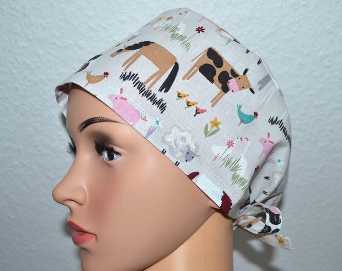 Surgical cap farm animals, scrub cap, chef's cap, bandana, peeling cap, cosmetic cap, surgical caps, beige with animals from the farm, sheep cap,