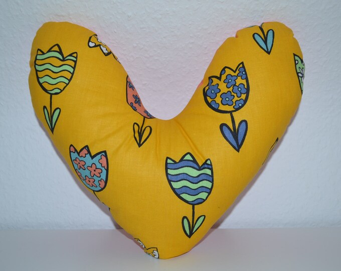 Heart pillow yellow with tulips, breast heart pillow, mastectomy pillow, forearm pillow, breast surgery pillow, floral pillow, handmade