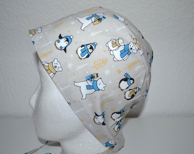 Surgical cap with polar bear terry cloth, scrub cap, bandana, cosmetic cap, surgical caps, chef's hat, beige with polar bear and penguin, Christmas cap