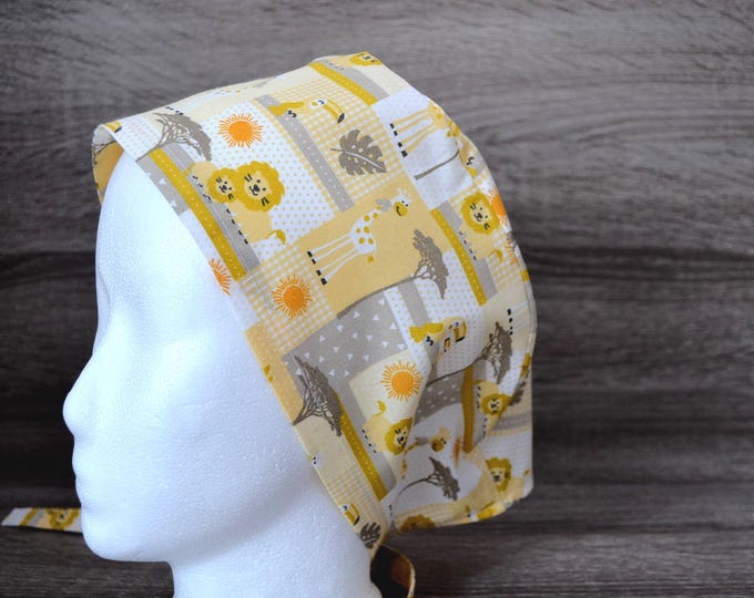 Surgical cap lion with terry cloth band, scrub cap, bandana, cosmetic cap, peeling cap, chef's hat, surgical caps, yellow with lion, handmade