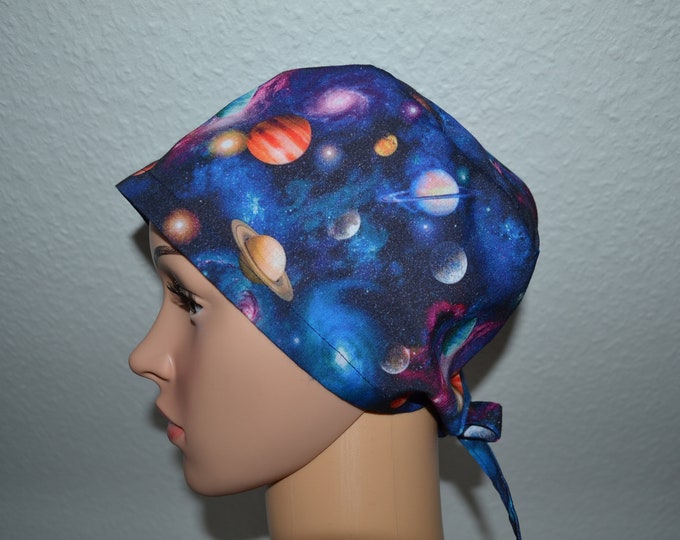 Surgical cap planet with terry cloth band, scrub cap, bandana, cosmetic cap, cooking cap, peeling cap, blue with planets, space, handmade