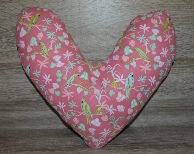 Heart pillow, breast heart pillow, mastectomy pillow, forearm pillow, breast surgery pillow, old pink with parrots, handmade