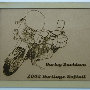 Laser Cut Leather Plaques-Wall Art-Counter Displays  Harley Davidson 2002 Heritage Softail Engraved on Faux Tan Leather