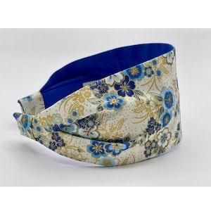 Breites Stirnband | Stoff Stirnband für Frauen | Halstuch Retro Stirnband | Japanische Metallic Blaue Kirschblüten