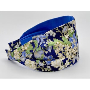 Wide Headband | Fabric Headband for Women | Scarf Retro Headband | Metallic Blue Flowers