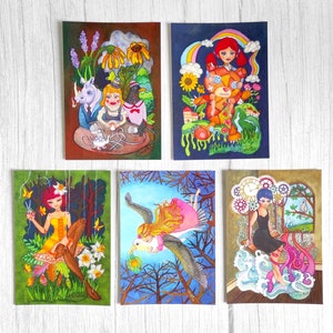Impresión de arte Pop Retratos femeninos surrealistas con animales Impresión de acuarela original Coleccionista de arte lowbrow Esperanza en la oscuridad Tamaño A6