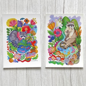 Mini Art Print Woodland Raccoon aquarel geïllustreerde notitiekaart ansichtkaart voor dierenliefhebber (A6-formaat)