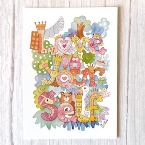 Impressão artística original com letras à mão "Love Yourself" Cartão de nota edificante Mensagem positiva Cartão postal Tamanho A6
