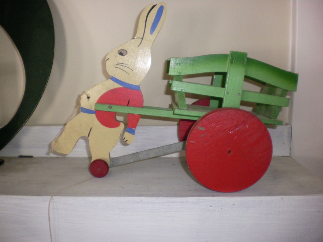 Vintage Painted Wood Rabbit Pull Toy Etsy