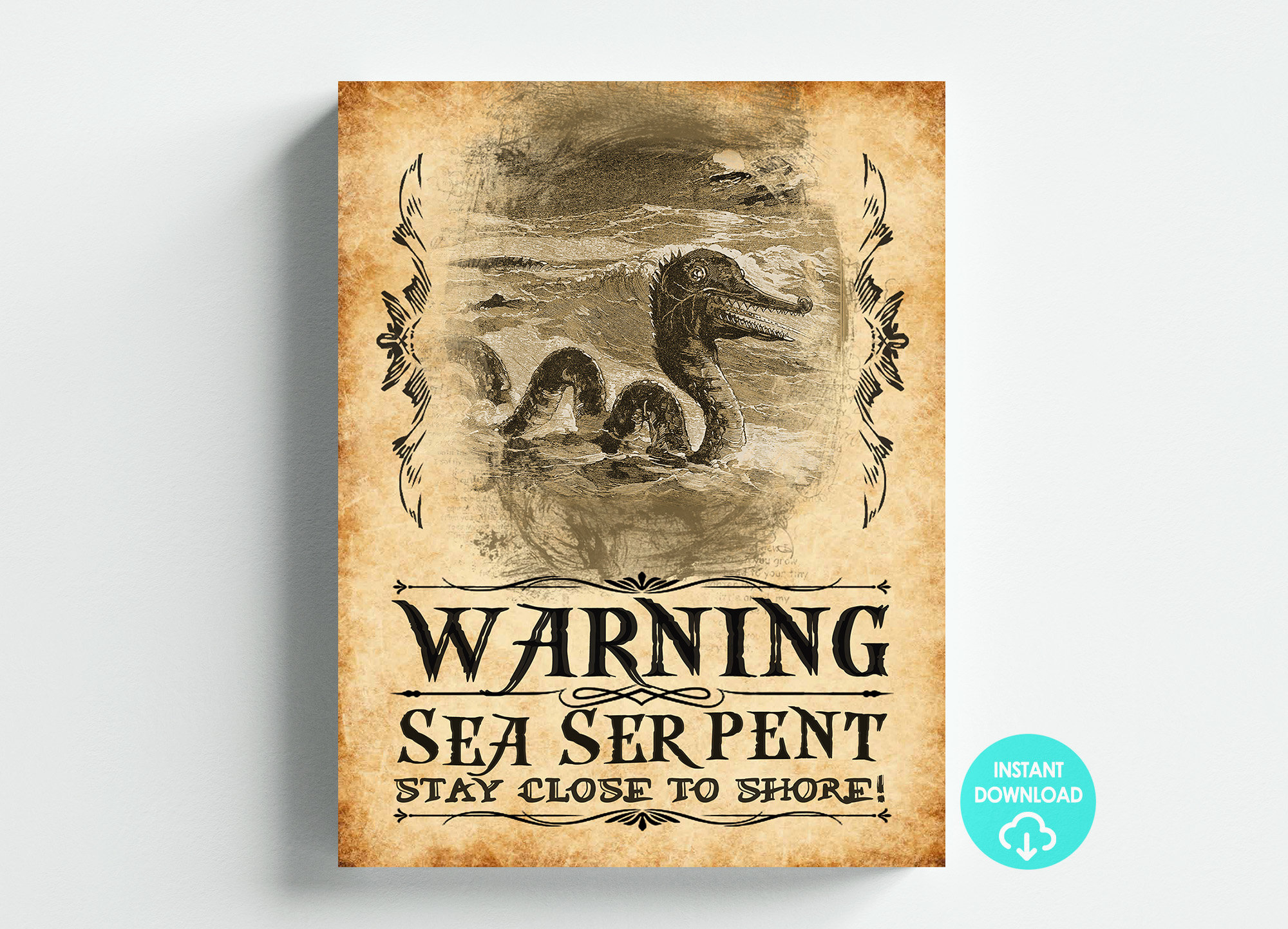 Pirate Theme Wanted Poster Sea Serpent Warning Sign Digital Download Letter Size 8.5x11 Ledger Printable DIY Instant Download