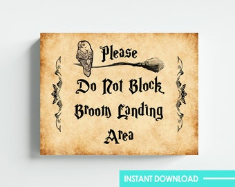 Señal de prohibido estacionar con temática de mago: No bloquee el área de aterrizaje de escobas. Descarga digital. Tamaño carta 8.5 x 11. Libro mayor. Imprimible. Descarga instantánea.