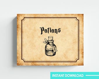 魔法使いテーマのポーションサインパーティーデコレーションウォールアートデジタルダウンロードレターサイズ8.5x11印刷可能DIYインスタントダウンロード