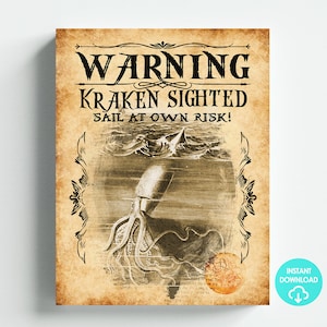 Piraten Thema Steckbrief Kraken gesichtet Party Decor Wand Kunst Digital Download Letter Größe 8,5x11 Ledger Printable DIY Instant Download