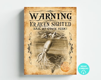 Pirate Theme Wanted Poster Kraken Sighted Party Decor Wall Art Digital Download Letter Size 8.5x11 Ledger Printable DIY Instant Download