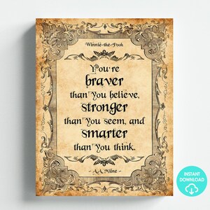 Póster con cita de Winnie-the-Pooh (1926), "Más valiente, más fuerte, más inteligente", tamaño carta, imprimible, descarga digital instantánea.